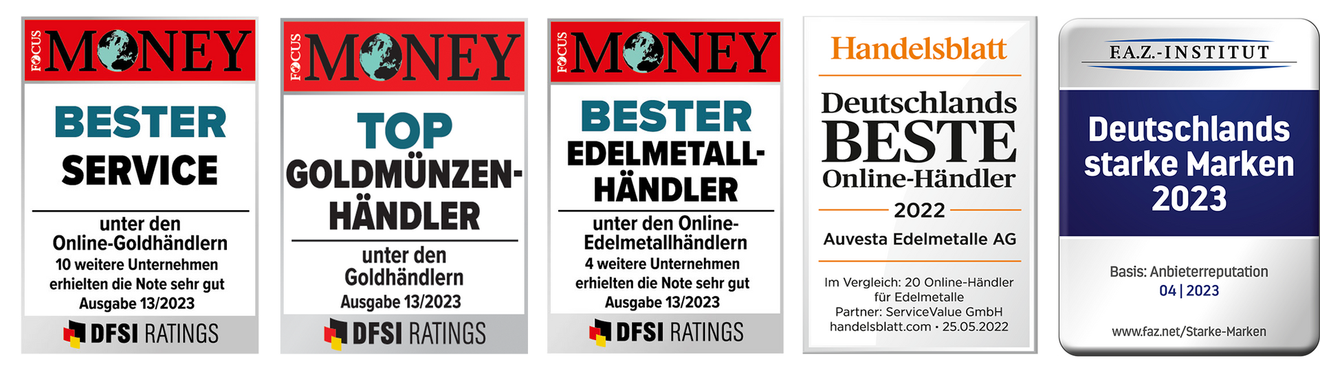 Fimm verðlaunatímarit á forsíðum, þar á meðal MONEY titlar og þýskar „Bestu Händler“ raðir.