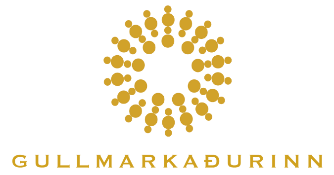 Merki Gullmara Durinn með gullnum hringlaga punkti og gullnum texta á hvítum bakgrunni.