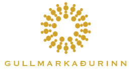 Merki Gullmara Durinn með gullnum hringlaga punkti og gullnum texta á hvítum bakgrunni.