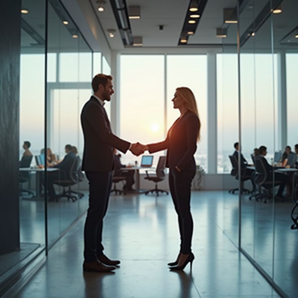 Man and woman in business attire shaking hands in an office hallway; people working in the background.