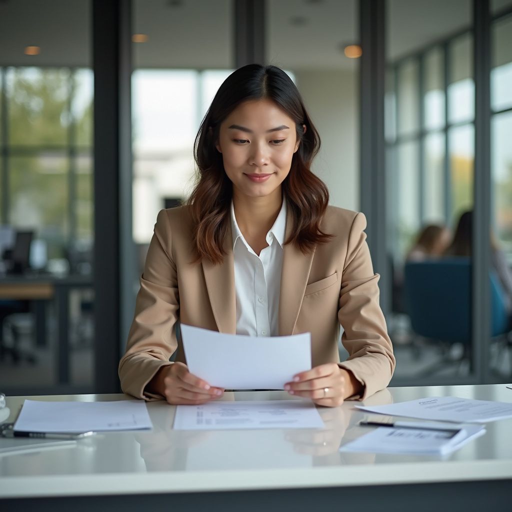 Woman in tan blazer reading documents at a desk in an office, smiling.