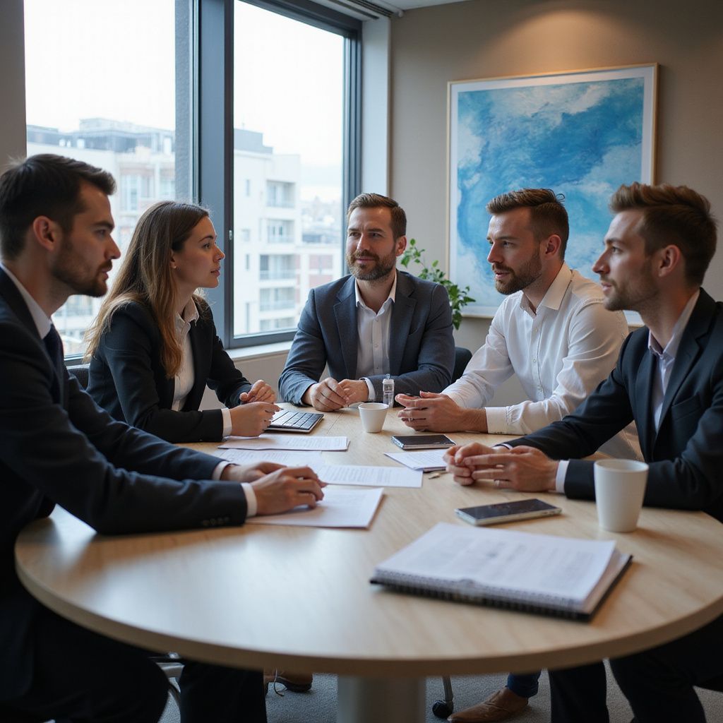 Business team in suits around a round table, discussing documents, in an office setting.