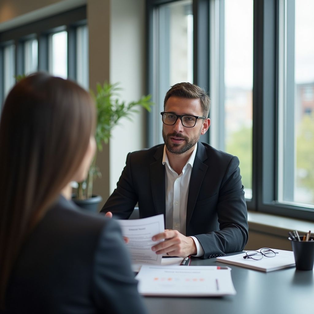 Man in suit interviewing a woman, holding papers at a desk in an office.