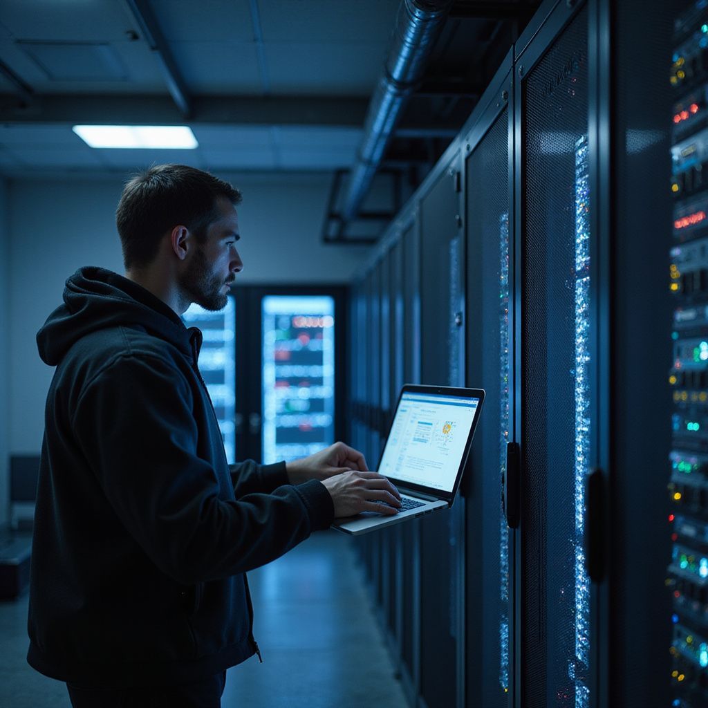 Man using laptop to monitor server racks in dark blue-lit room, representing Coulton Corp IT staffing and network management.
