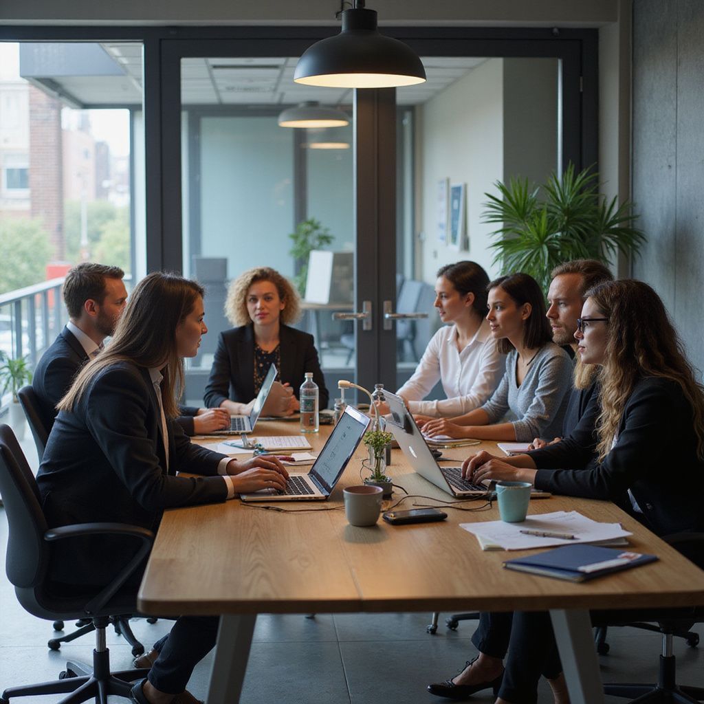A group of people in business attire at a conference table with laptops in an office.