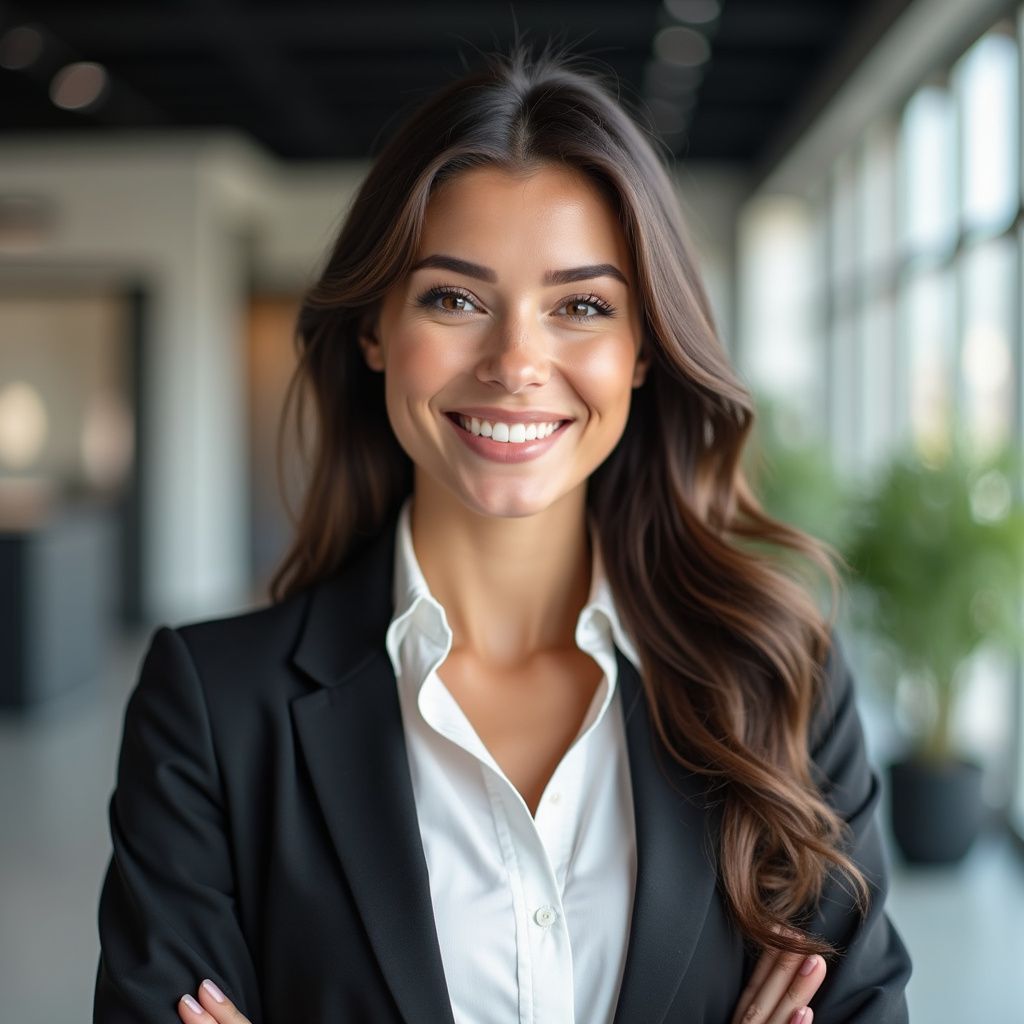 Confident woman in black blazer smiling with arms crossed in office, presenting Coulton Corp professional staffing services.