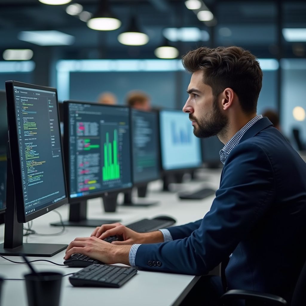 Man in a blue suit works on a computer in an office; other people and monitors are in the background.