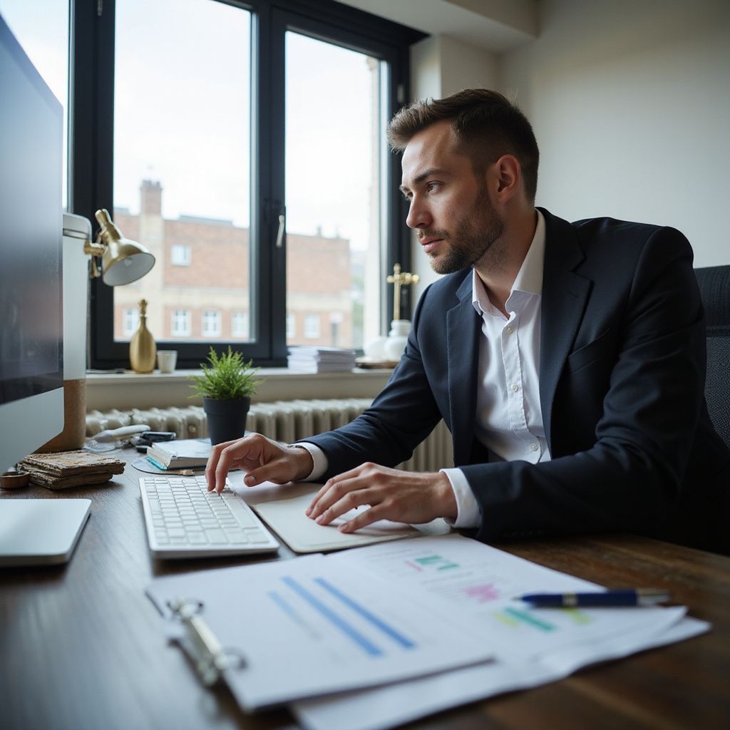 Man in suit working on computer with financial documents, representing Coulton Corp accounting and staffing services.