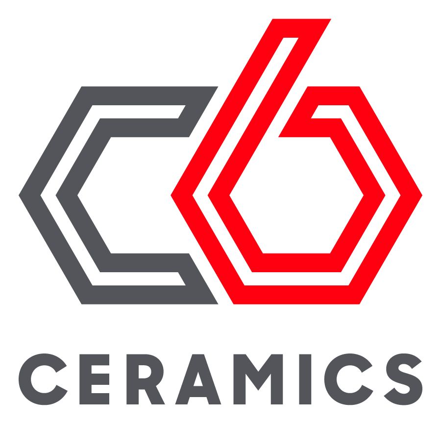 A logo for ceramics with a red and gray hexagon