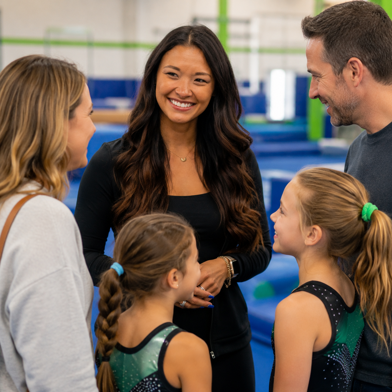 Woman speaking with two children and two adults in a gym, smiling during a group conversation