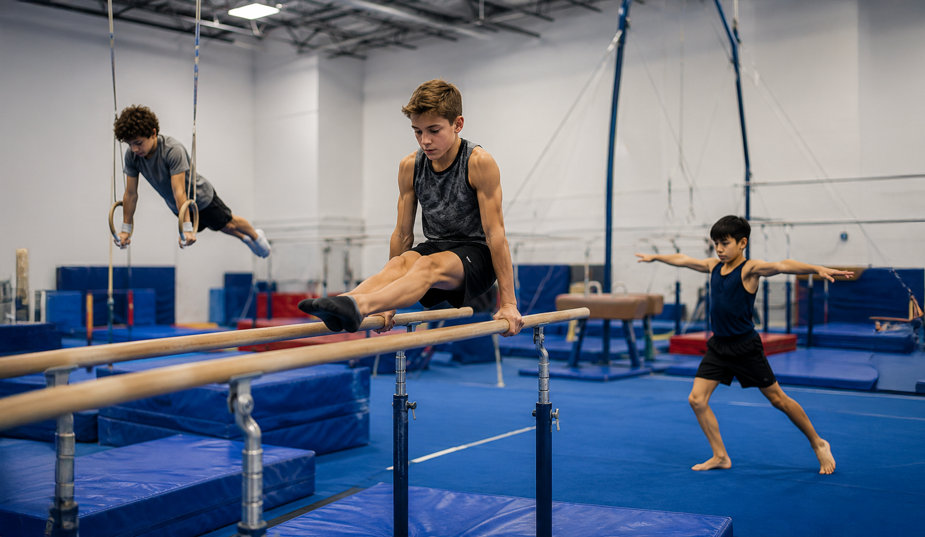 Gymnasts balancing on a beam in a gym, with one in midair and others posing on mats