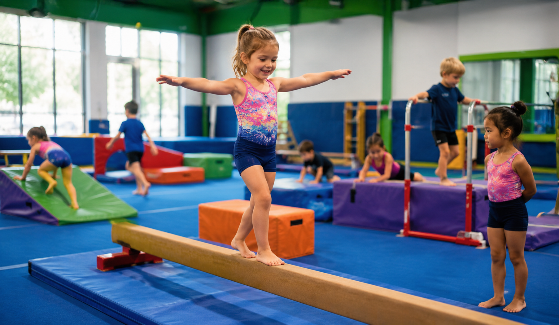 Children practicing gymnastics on balance beams and mats in a colorful indoor gym