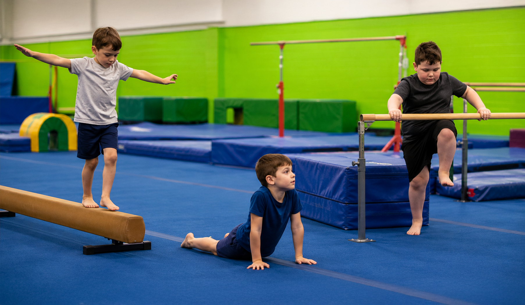 Gymnast balancing on a beam while a coach spots her in a gym
