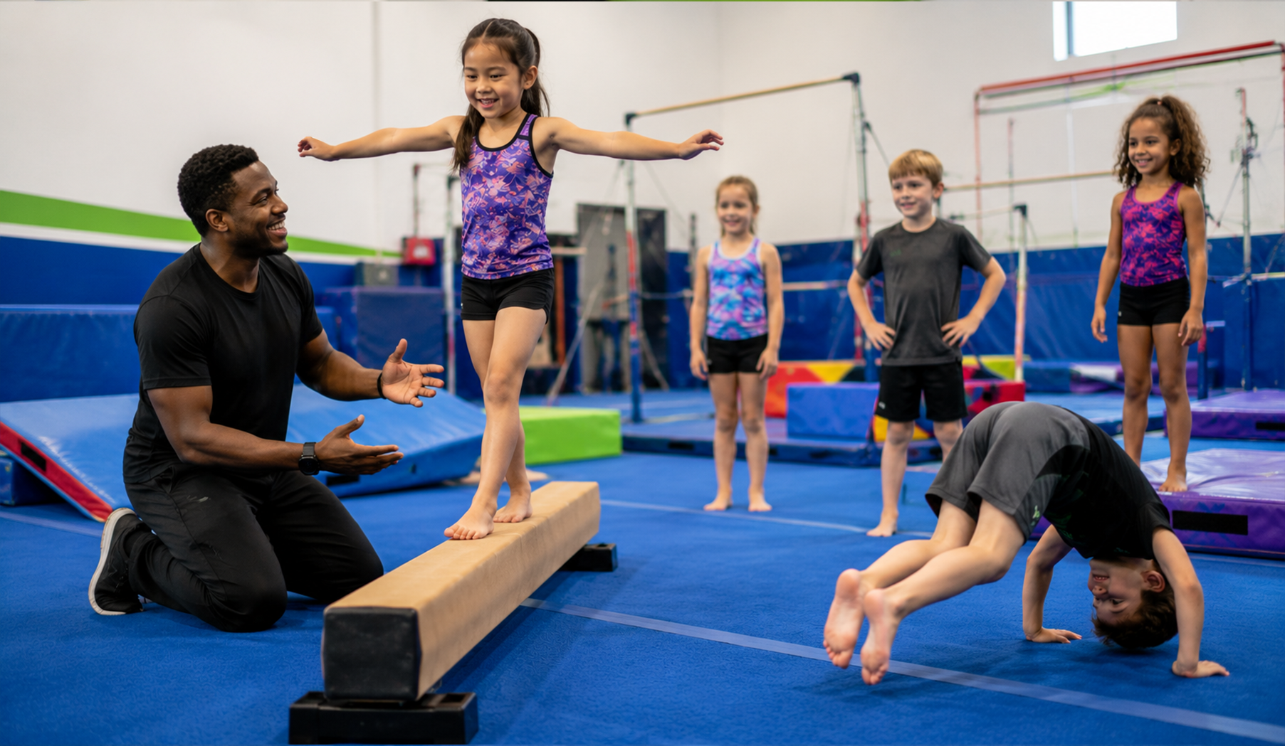 Children practicing gymnastics on balance beams and a blue mat, with an instructor nearby.