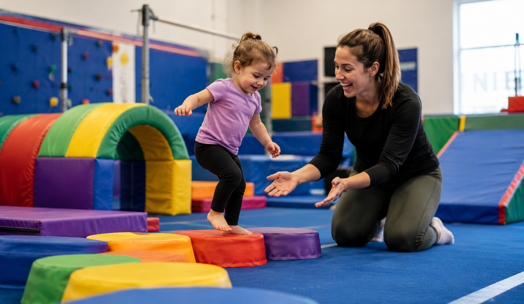 Toddler balancing on foam blocks while a coach kneels beside her in a colorful indoor gym