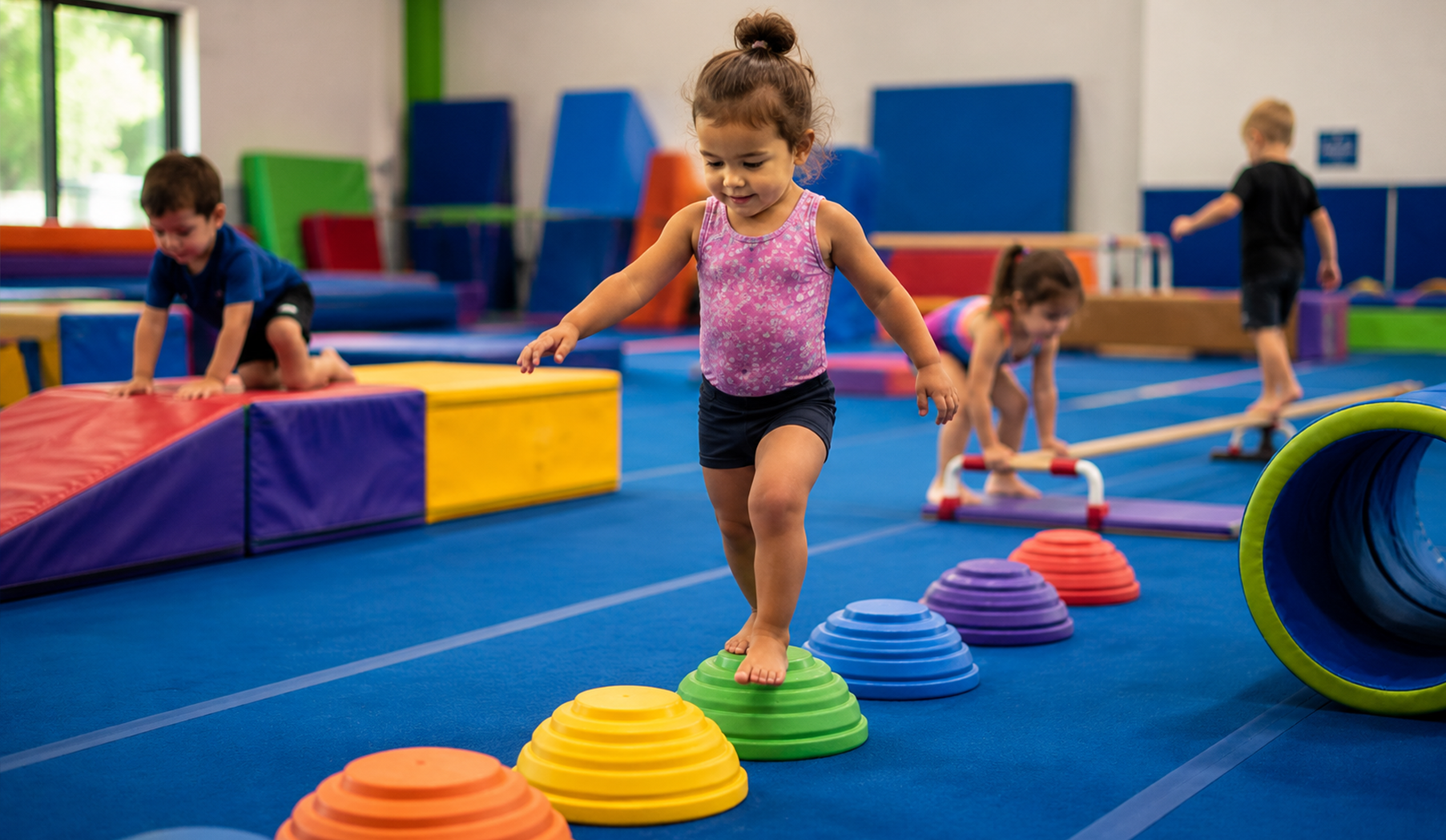 Children balancing on colorful stepping stones in a gymnastics gym.