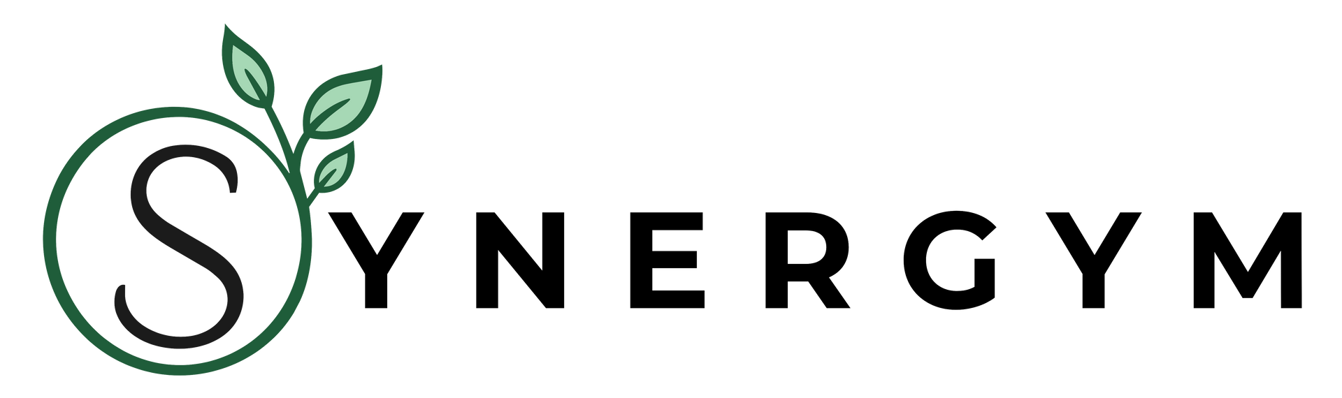 Synergym logo with black text and green leaf icon on a white background