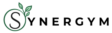 Synergym logo with black text and green leaf icon on a white background