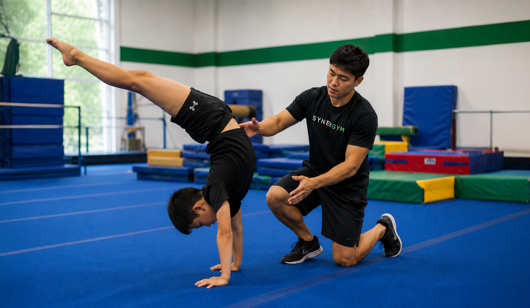 Young gymnast balancing on a beam as a coach spots her in a bright gym with other children training