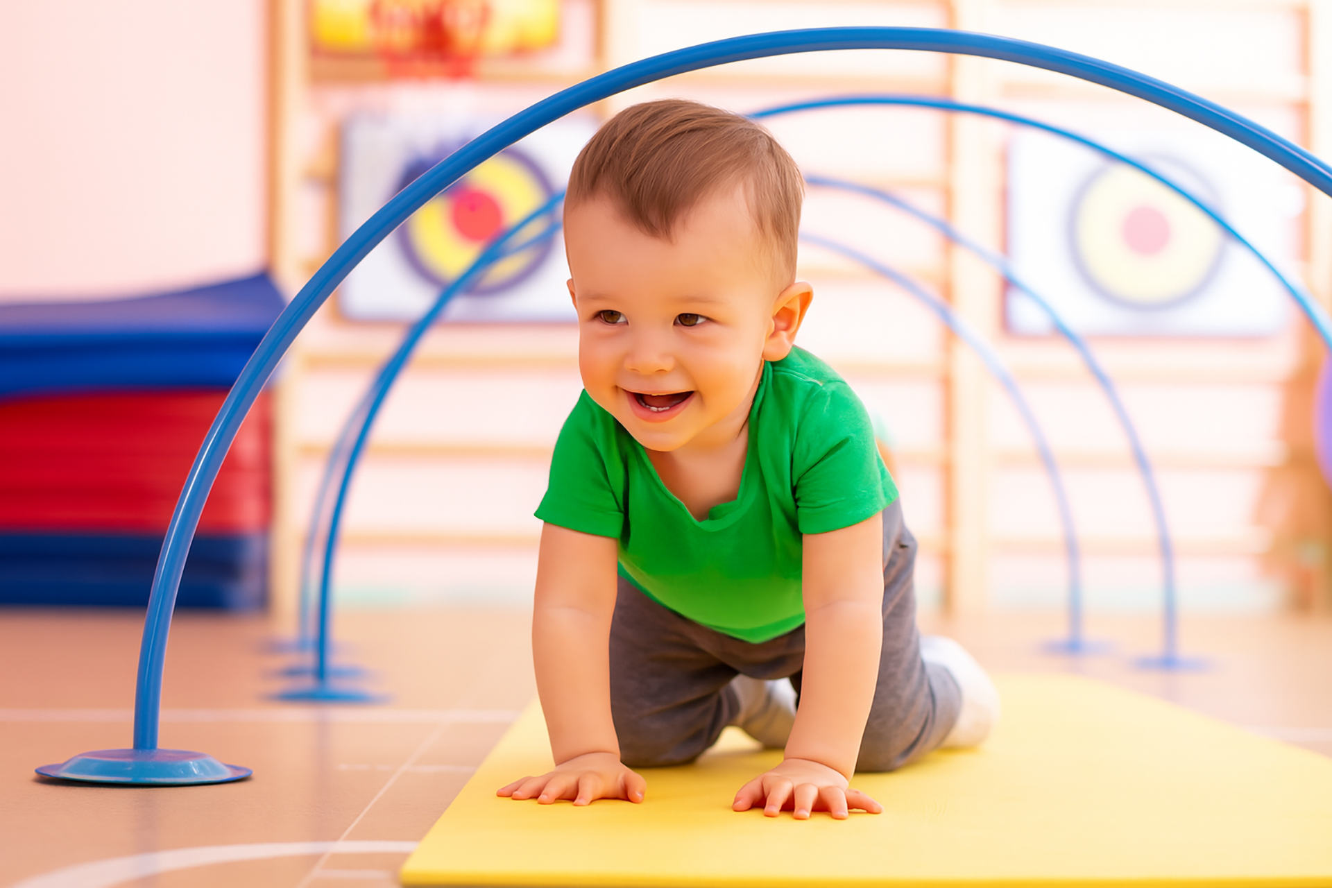 Toddler crawling through a blue tunnel on a padded play mat, smiling in a colorful indoor playroom
