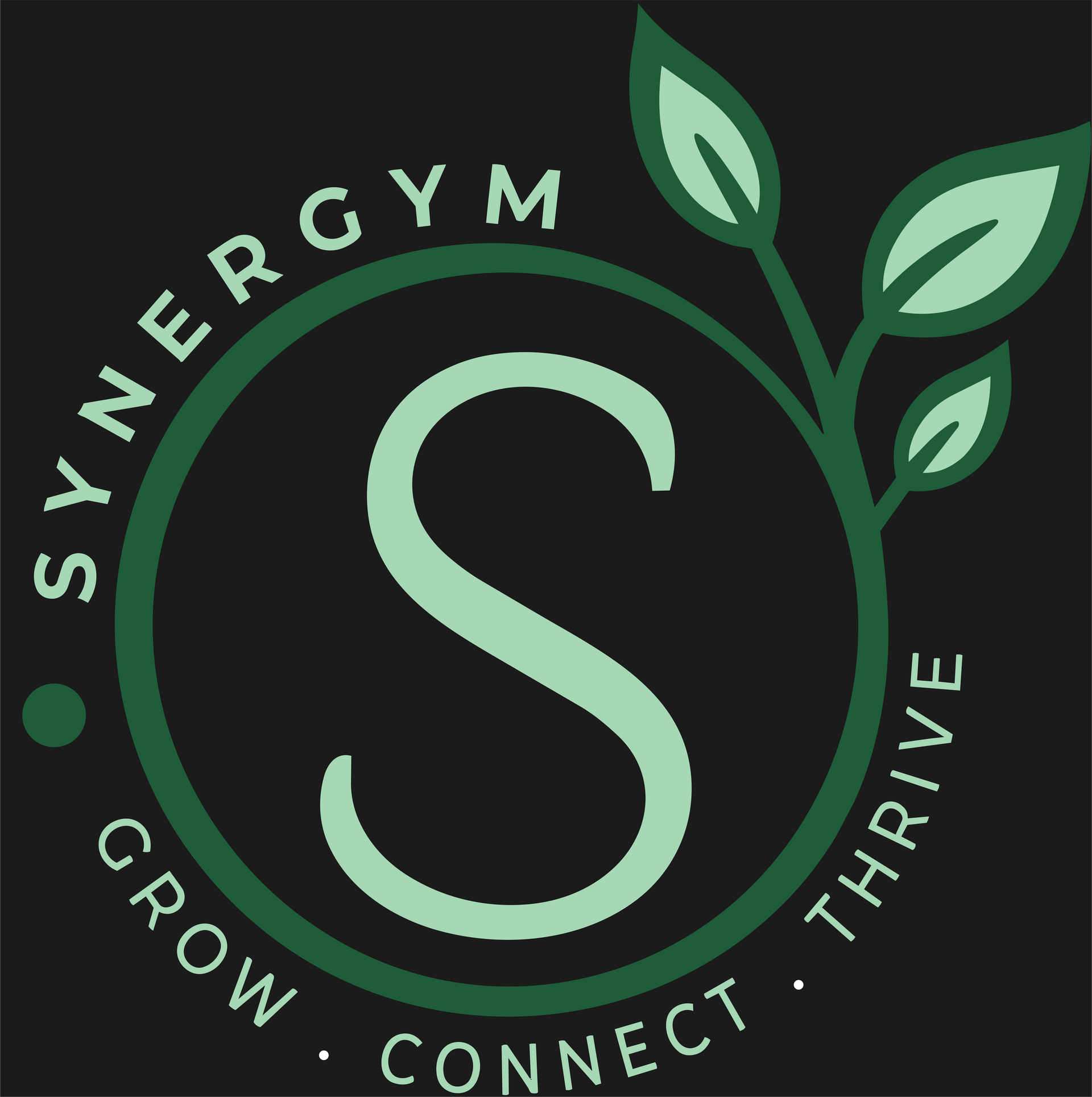 SynergyM logo with a green leaf and circular “Grow. Connect. Thrive.” design on a dark background