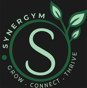 SynergyM logo with a green leaf and circular “Grow. Connect. Thrive.” design on a dark background