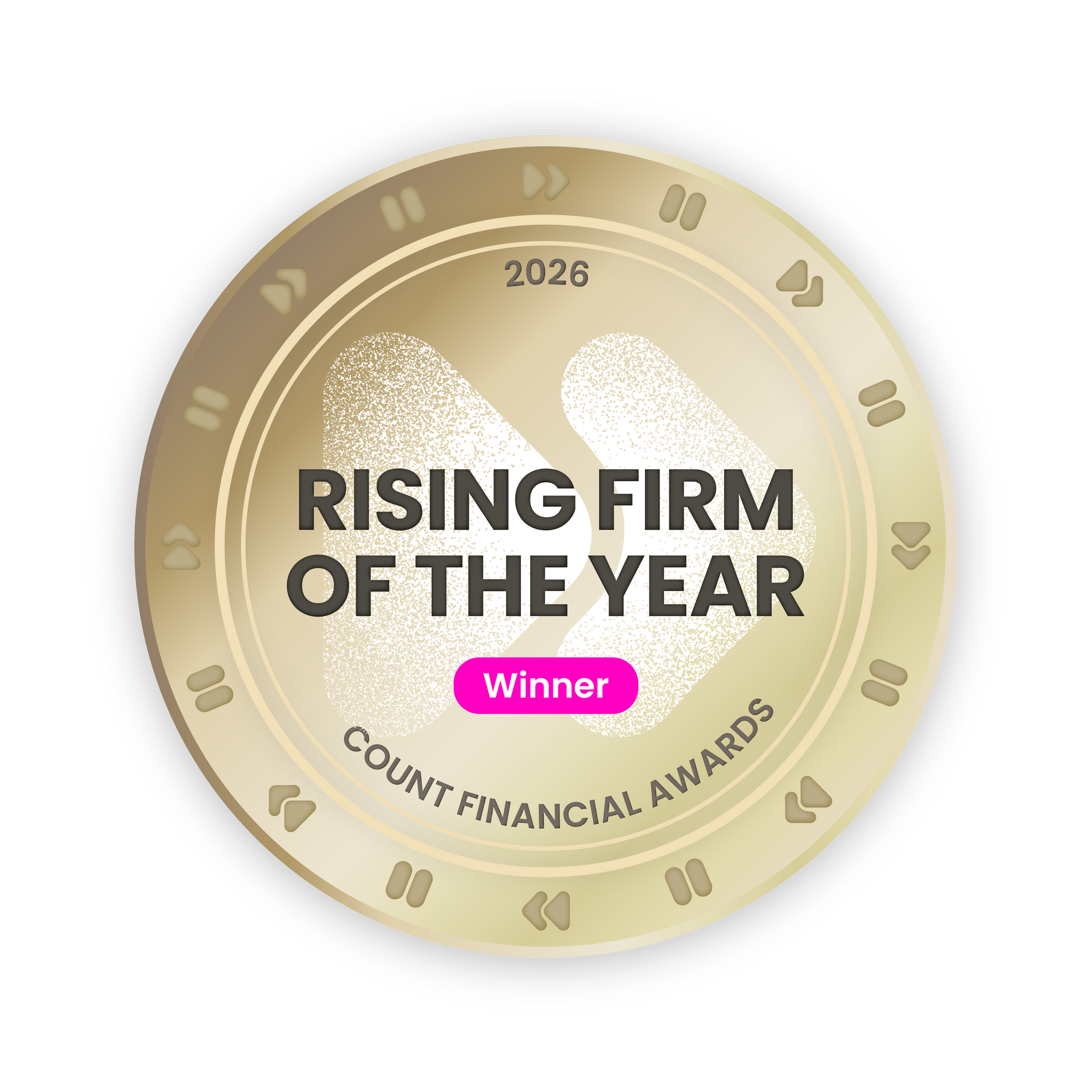 Gold award medallion reading “Rising Firm of the Year” with “Winner” and “2026 County Financial Awards”