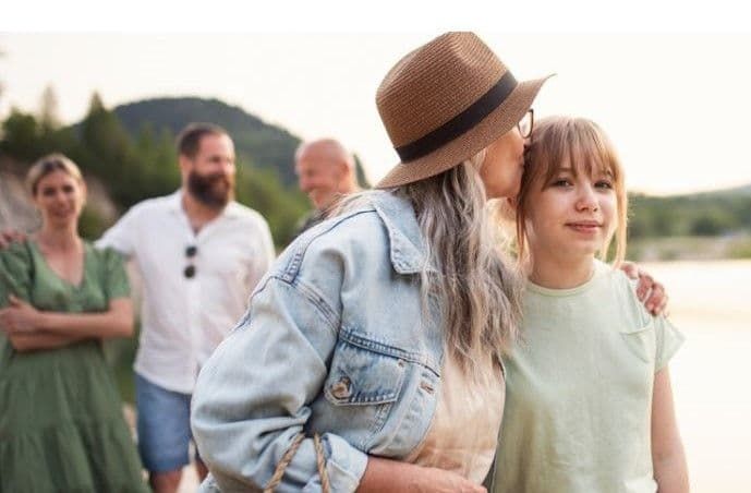 Two people walking outdoors by a lake, one in a hat and denim jacket, with others blurred behind them.