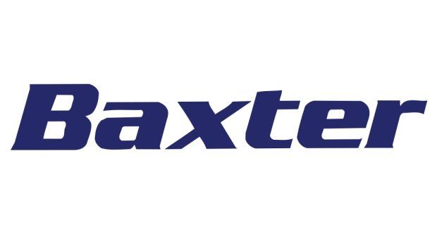 A blue and white logo for baxter on a white background
