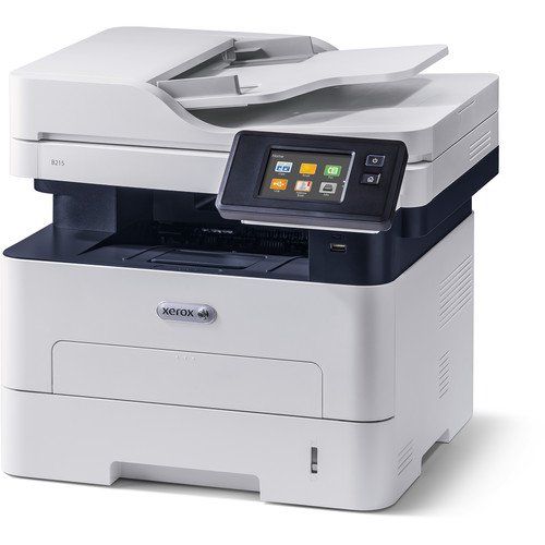A xerox printer with a touchscreen is sitting on a table.