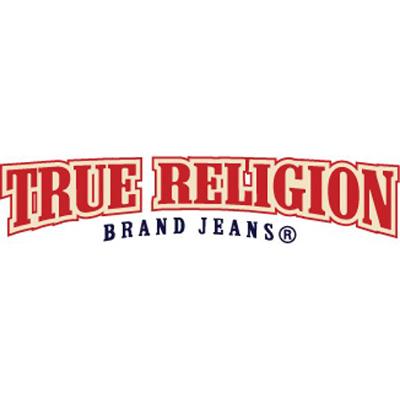 The true religion brand jeans logo is red and white on a white background.