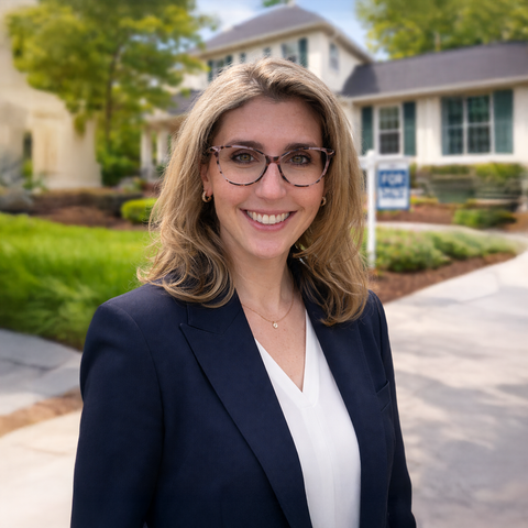 Smiling woman in glasses and navy blazer standing outside a suburban house