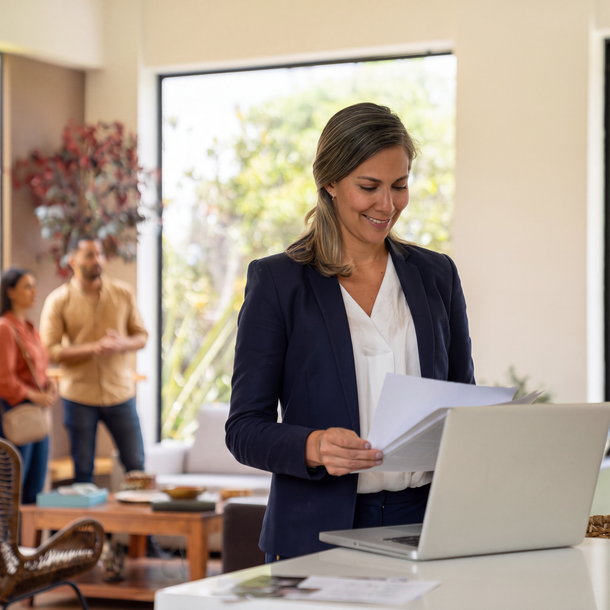 Woman reviewing papers beside a laptop in a bright office, with people chatting in the background