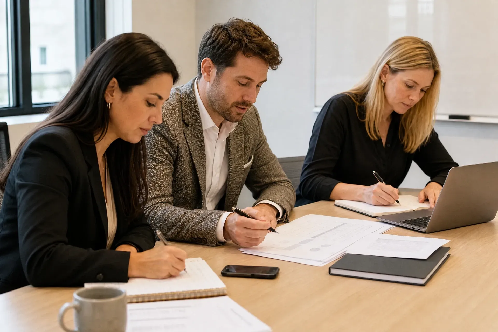 Three coworkers reviewing documents at a conference table with a laptop and coffee mug