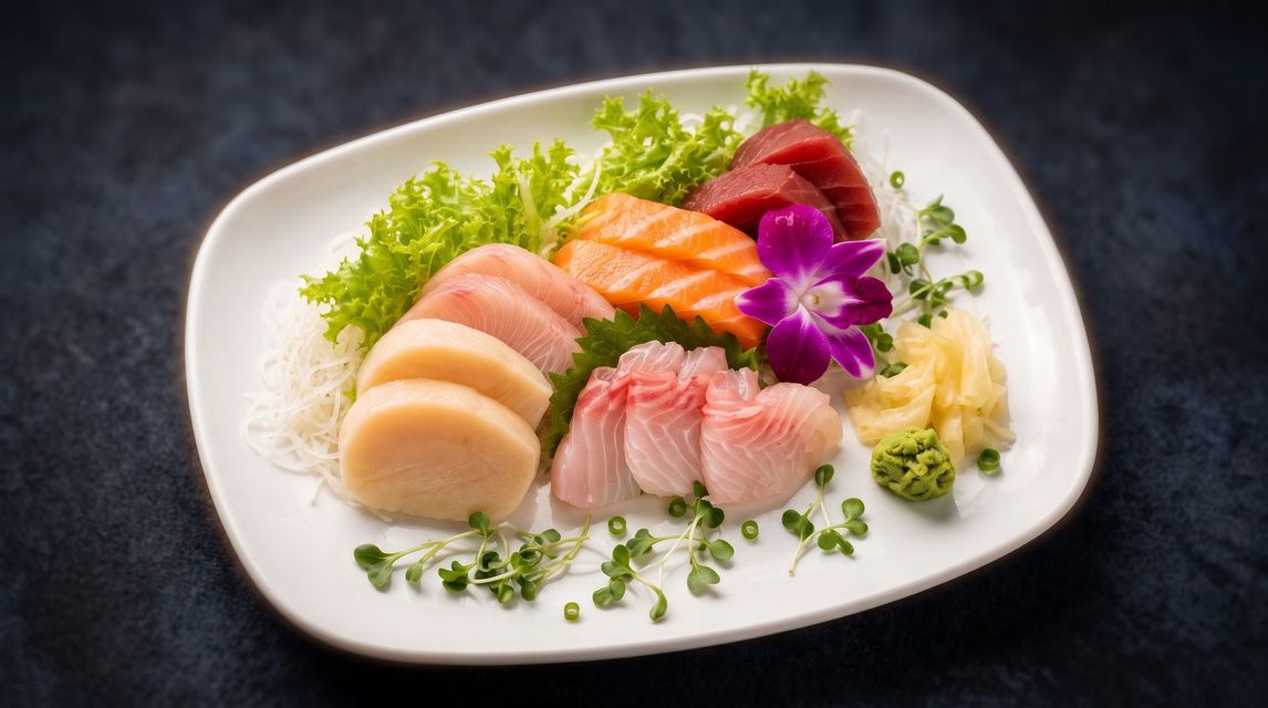 Assorted sushi platter on a white plate with green garnish and purple flower garnish