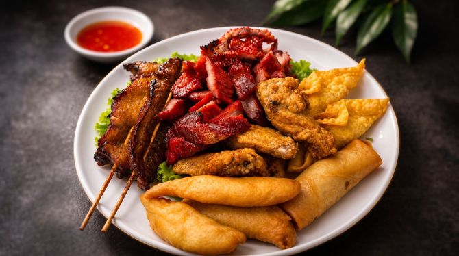 Plate of assorted fried snacks and skewered meat with dipping sauce on a table