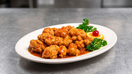 Plate of crispy glazed chicken bites garnished with parsley and cherry tomato on a white platter