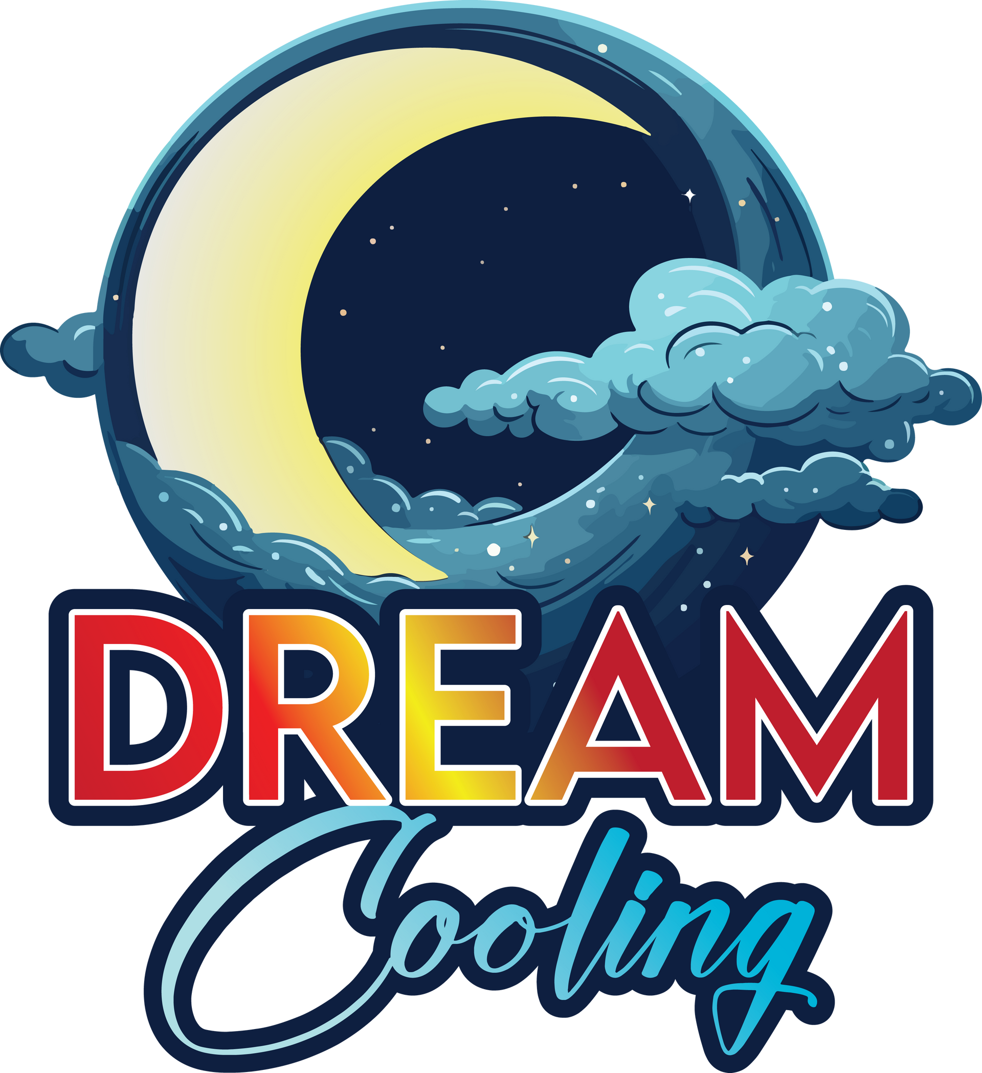 Dream Cooling logo with crescent moon, clouds, and bold red-blue text on a dark sky background
