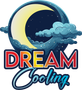 Dream Cooling logo with crescent moon, clouds, and bold red-blue text on a dark sky background