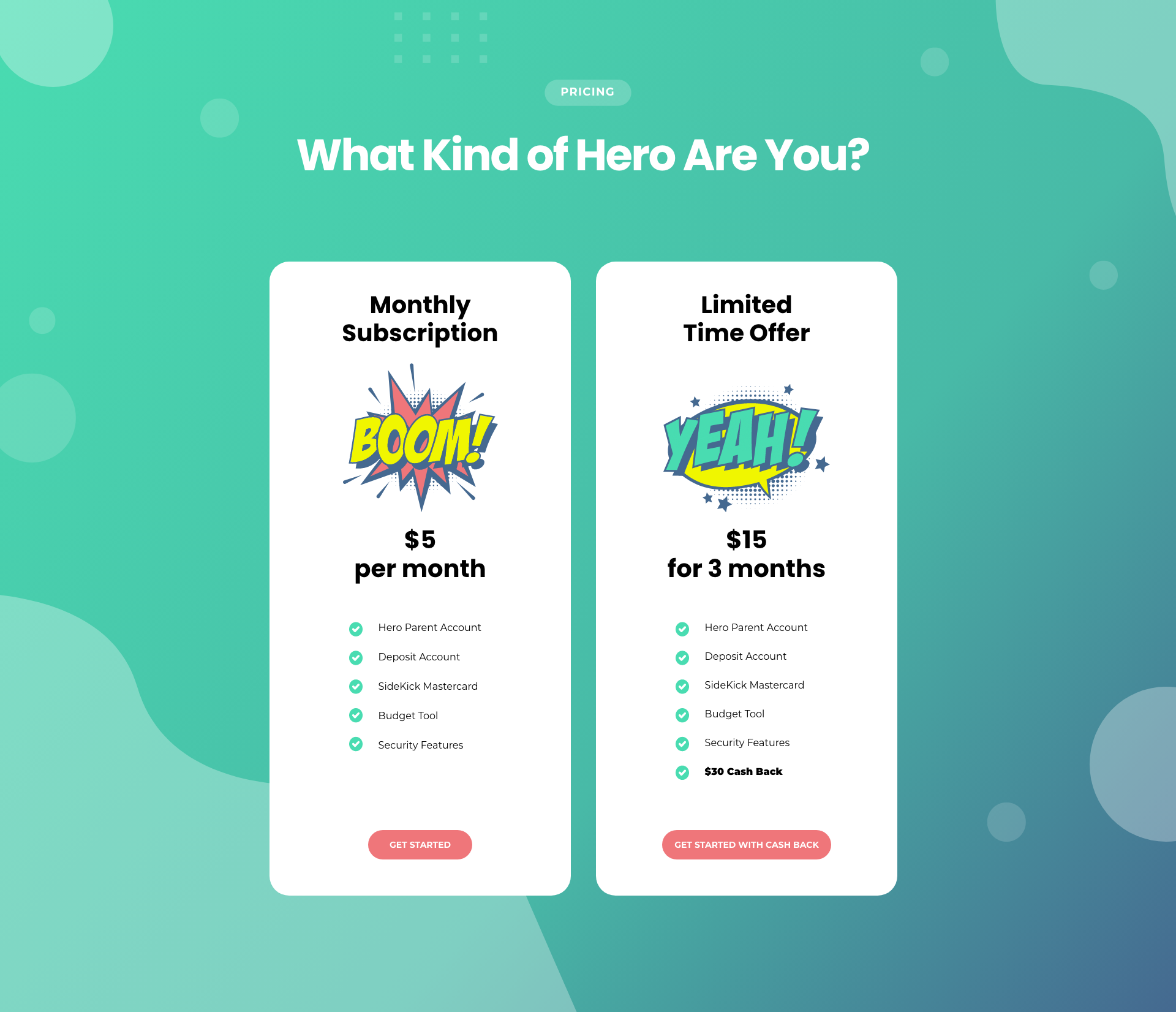 Pricing graphic titled “What Kind of Hero Are You?” with monthly and limited-time subscription offers on teal background