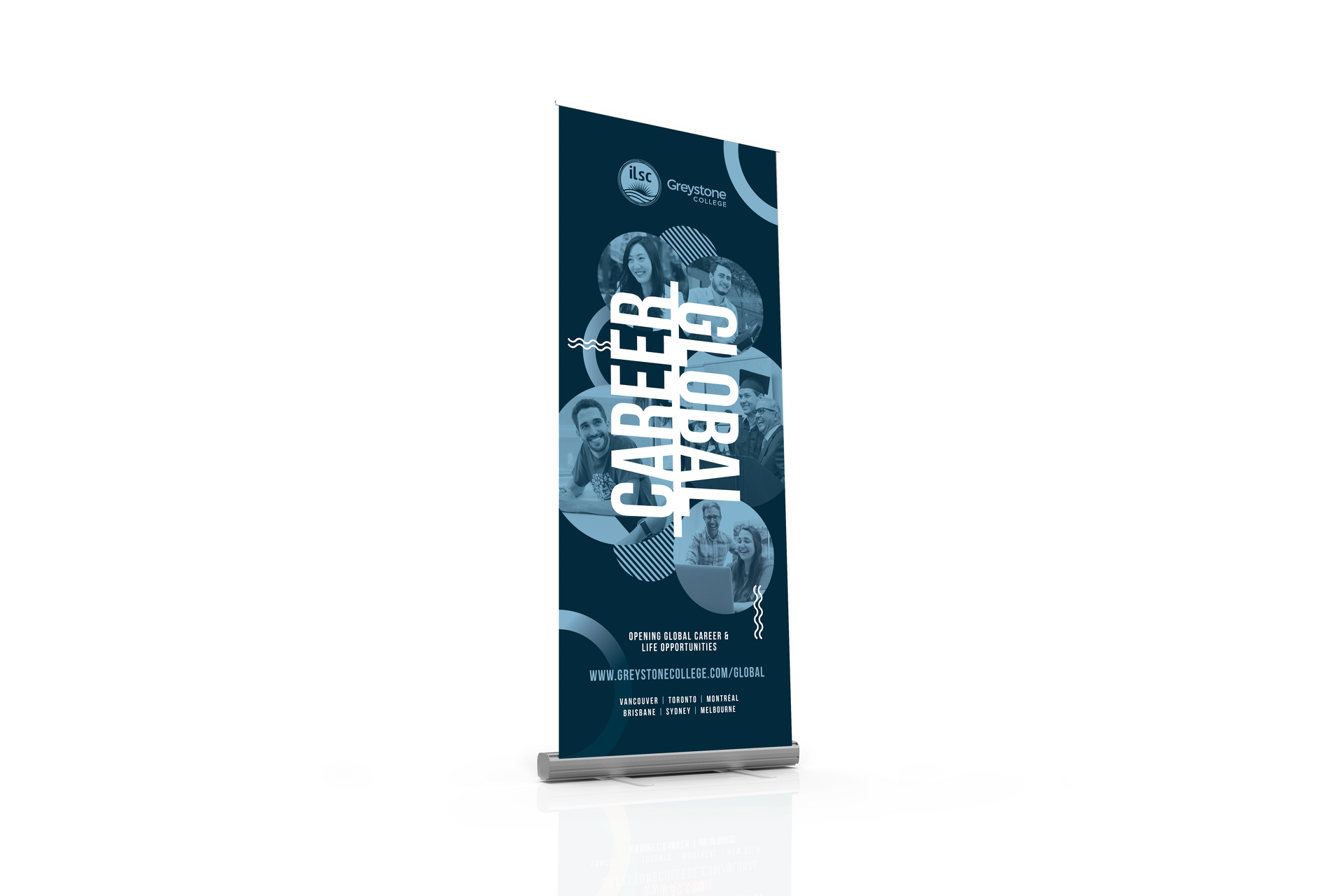 Teal career event banner with white graphics and large vertical text on a stand
