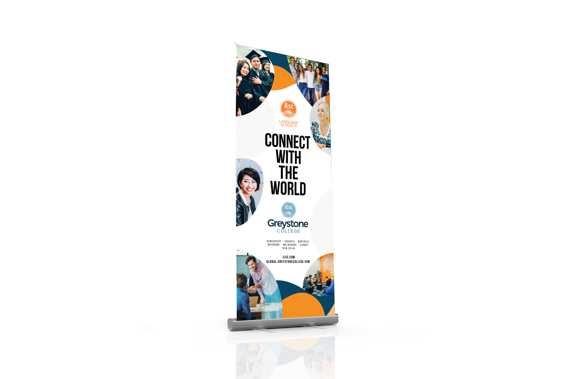 White trade show banner reading “Connect the World” with orange and blue graphics on a stand
