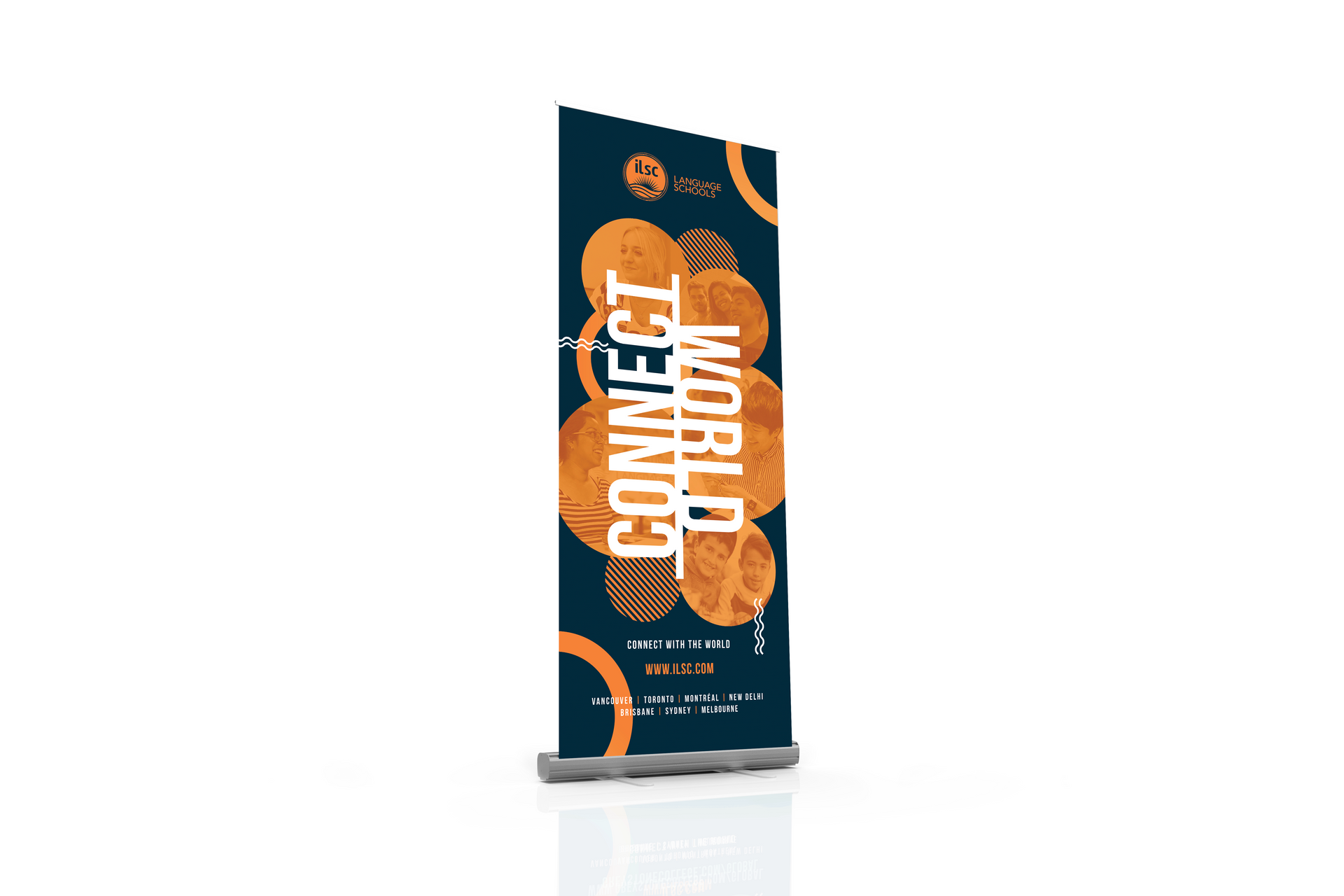 Tall navy and orange promotional banner with the words “CONNECT NOW” and fruit illustrations