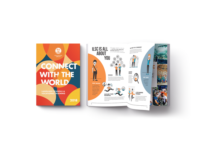 Brochure spread with orange cover reading “Connect with the World” and illustrated travel scenes inside