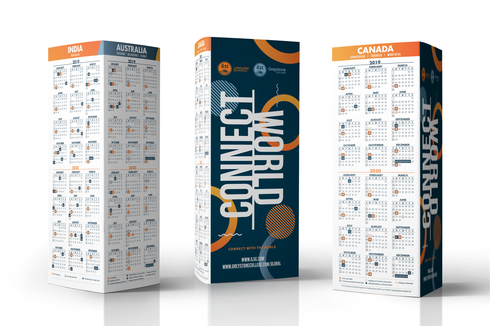 Three rotating World Connect puzzle boxes with blue, orange, and white packaging on a white background