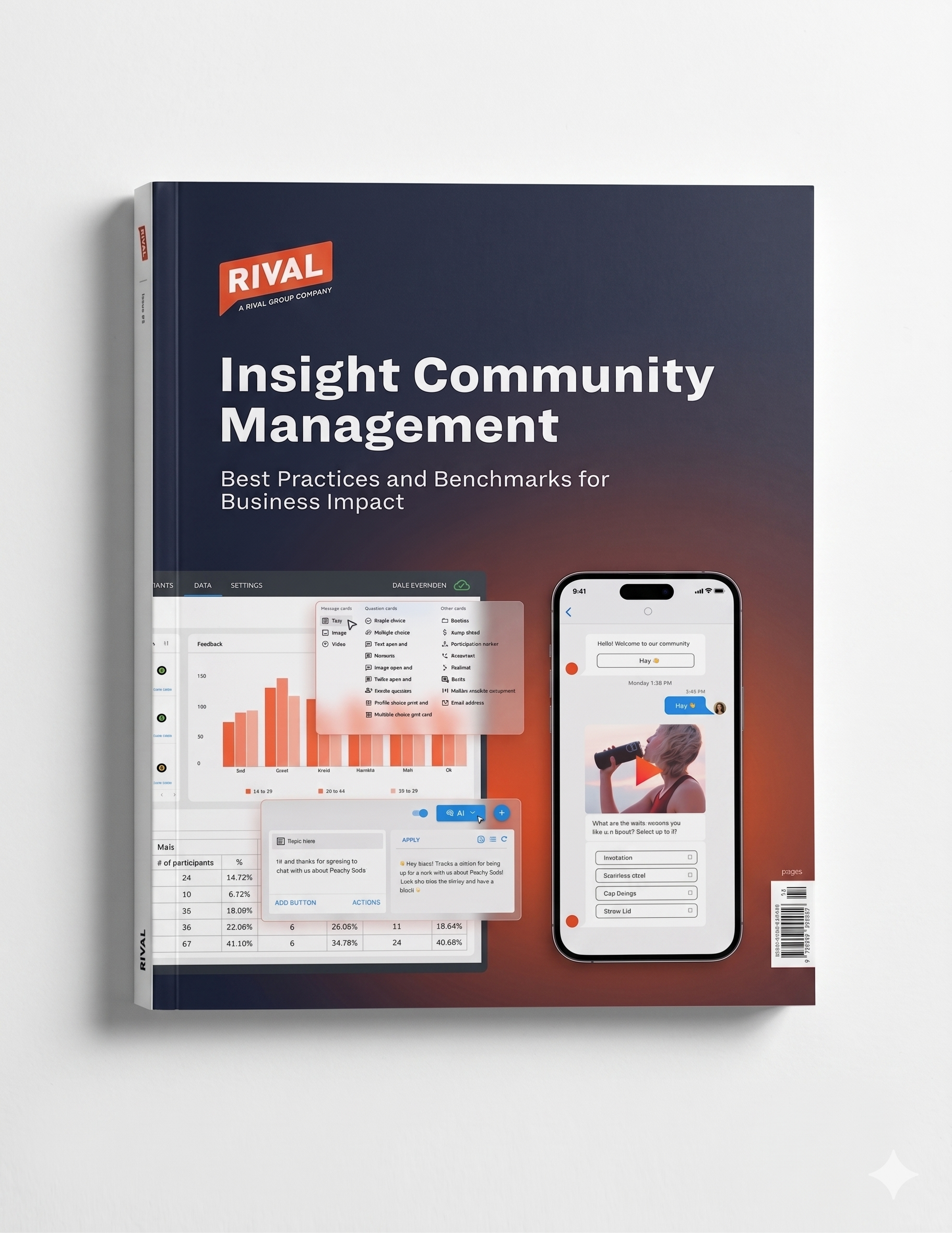 “Insight Community Management” product cover with dark gradient background, charts, and a smartphone mockup
