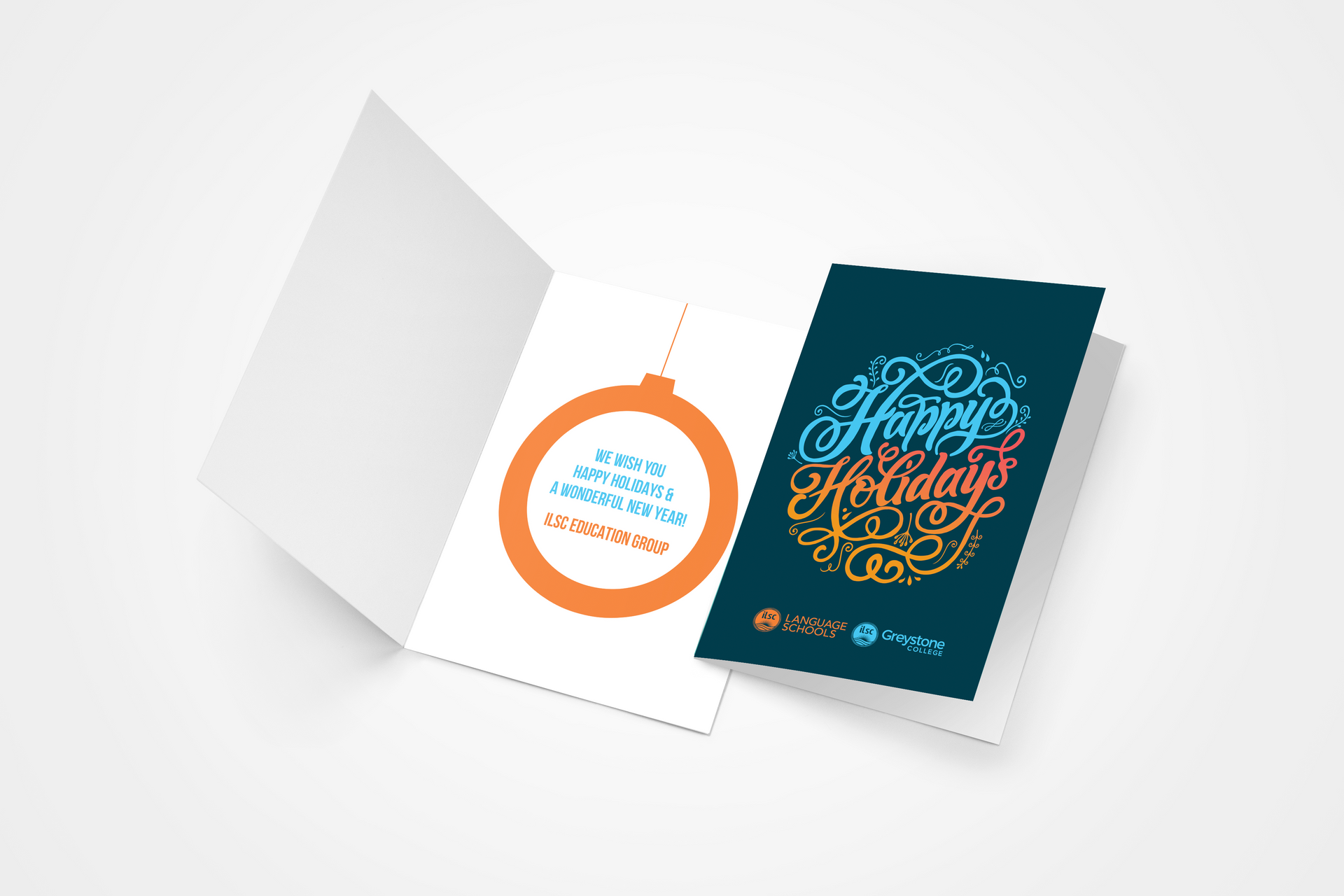 Open blank greeting card with orange circle and teal “Happy Birthday” cover design
