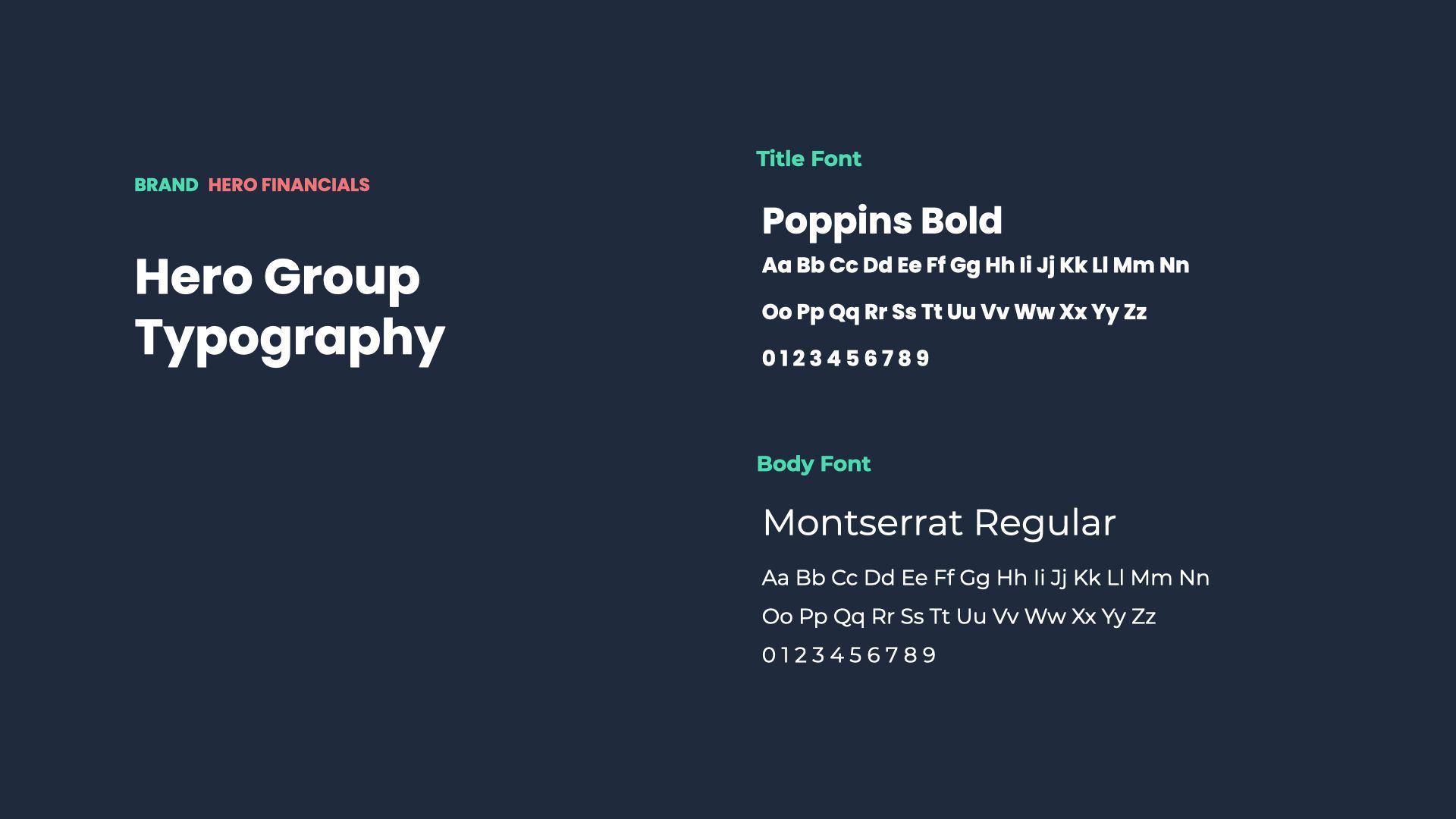 Dark navy typography guide with “Hero Group Typography,” showing bold and regular font samples.