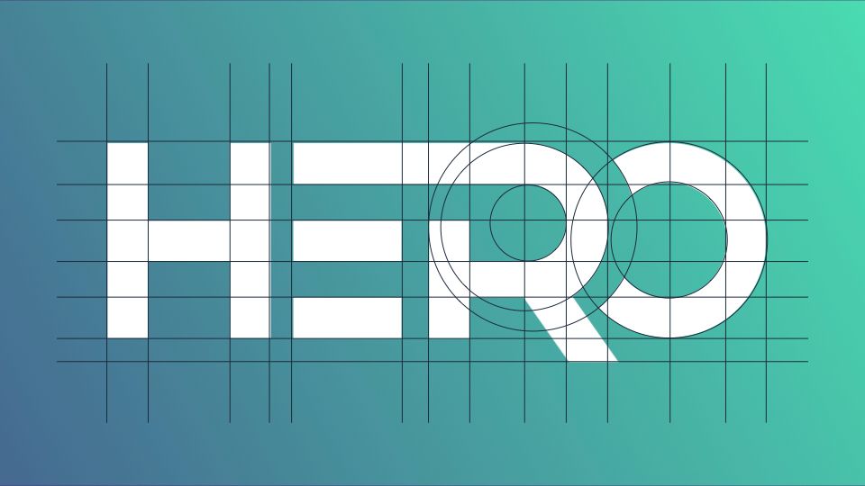 Stylized white “HERO” text on a teal gradient background with grid lines