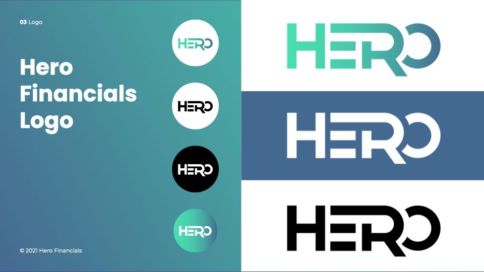 Hero financial logo variations on teal, white, blue, and black backgrounds.